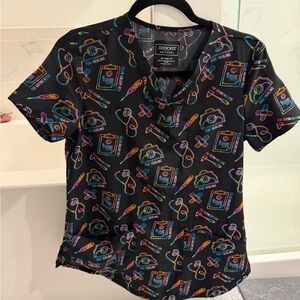 Cherokee Black Scrub Top with Neon Medical Icons